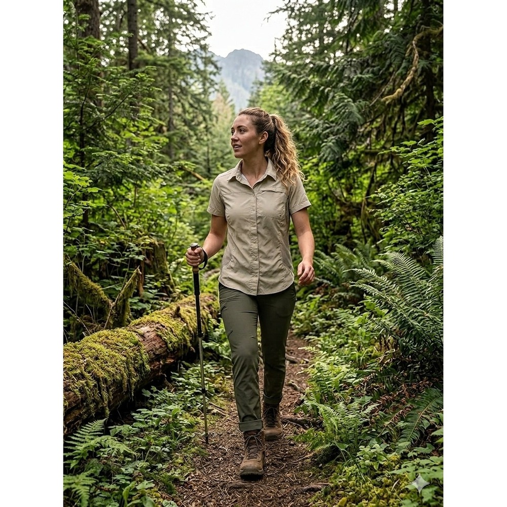 Columbia Titanium Hiking Shirt Womens M Tan Excellent Short Sleeve Vented TL7155